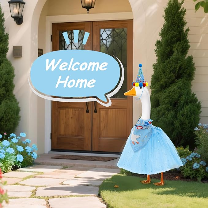 Porch Goose Outfits with Welcome Home Bandana Yard and Hat & Skirt Geese Outfits for 23" 17" Cement Plastic Geese Duck Decorations Goose Costume for Lawn Gooses Outdoor Party Decor