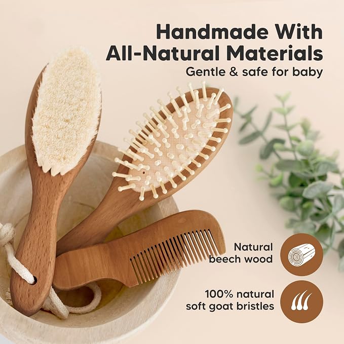 Wooden Baby Hair Brush Set for Newborns, Toddlers - Soft Goat Bristle Baby Brush and Comb Set Newborn Grooming Kit for Cradle Cap Care,Durable & Gentle,Boy,Girl Infant Essentials(Regular, Dark Walnut)
