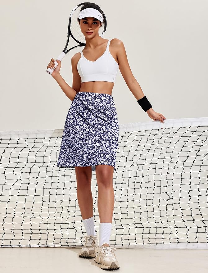 COOrun Women's 20" Knee Length Skirts High Waisted Golf Skorts with Pockets | Soft, Quick Dry, Split Hem, Built-in Shorts, A-line, Modest Skirts, for Golf Athletic Tennis Work Casual