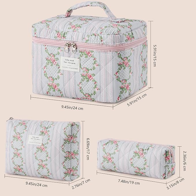 HBselect Quilted Makeup Bag, 3PCS Cotton Large Travel Makeup Bag, Cute Floral Coquette Make up Bag Cosmetic Bag Toiletry Bag for Women Girls
