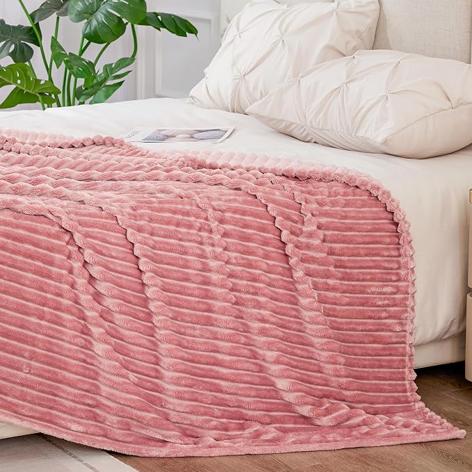 BEDELITE 3D Ribbed Jacquard Pink Blankets Queen Size for Bed, 90x90 Inch | Soft Warm Decorative Fluffy Blanket, Cozy Fuzzy Lightweight Plush Fleece Throw Blankets for Bed, Room Decor, Gift for Women