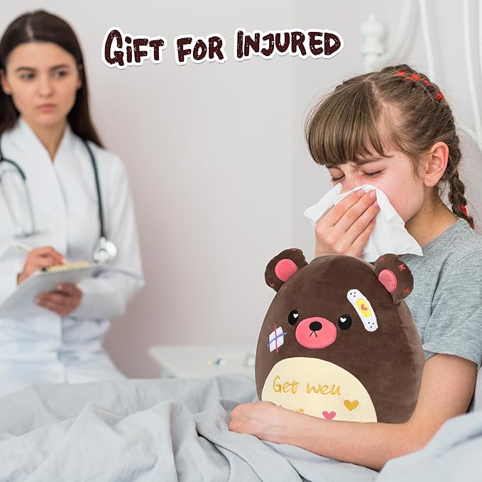 Easfan Get Well Soon Stuffed Bear Plush Pillow, Feel Better Injured Teddy Cozy Snuggle Toy Animal with Adhesive Bandage, Adorable Soft Gifts for Patients Boys Girls After Surgery, Brown, 13''
