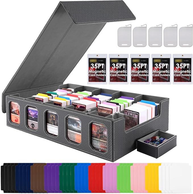 Trading Card Storage Box with Commander Display, 5-Row Deck Case with Removable Lid, 4000+ MTG Deck Box with 48 Colorful Divider, 5 Magnetic Card Holders, 5 Stoppers, Dice Tray(Black Grey)