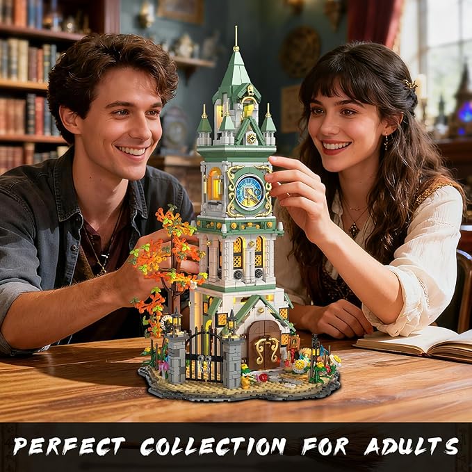 INSOON Magic Clock Tower Building Set with Light, 1566 PCS Big Medieval Castle House Construction Model with Owl & Garden, Home Decor Building Block Kit, Easter Gift for Adults Teens Boys Girls 12+