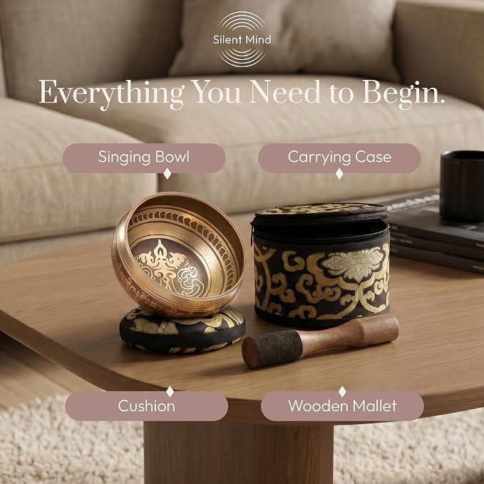 Silent Mind Tibetan Singing Bowl Set – Easy to Play & Beginner Friendly Meditation Bowl with Cushion, Mallet & Case | Stress Relief & Mindfulness | Gift-Ready