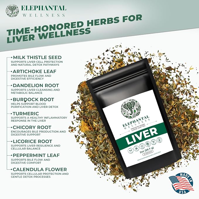 Elephantal Wellness Liver Herbal Tea – Supports Liver Detox, Repair & Resilience | Milk Thistle, Artichoke Leaf, Dandelion Root & Burdock | Caffeine-Free Loose Leaf Herbal Tea – 2oz, 20 Servings