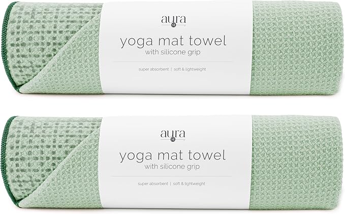 S&T INC. Aura Yoga Mat Towel with Non-Slip Grip, Enhanced Silicone Grip, Soft and Absorbent for Gym, Pilates, and Hot Yoga Mat, 2 Pack, 24 inches x 72 inches, 340GSM, Sage Green