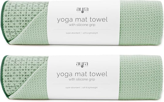 S&T INC. Aura Yoga Mat Towel with Non-Slip Grip, Enhanced Silicone Grip, Soft and Absorbent for Gym, Pilates, and Hot Yoga Mat, 2 Pack, 24 inches x 72 inches, 340GSM, Sage Green