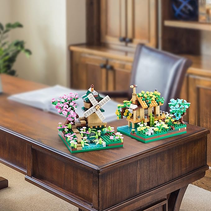 Botanicle Collection Sakura Tree House Micro Blocks Building Set for Adults Toy Friendship Windmill Cherry Blossom Tree Flowers for Girls 2 Sets