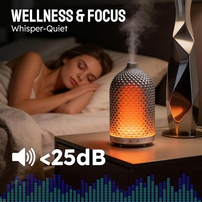 Essential Oil Diffuser 150ml, Glass Diffuser with Ultrasonic Small Humidifier, 7 Color Lights, 1/2/4H Timer, Quiet Auto Shut-Off Oil Diffuser for Bedroom, Home, Office (Silvery)