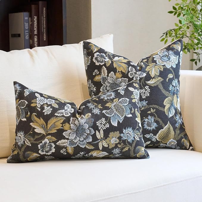 Neutral Floral Pillow Cover 18x18, Vintage Linen Square Pillow Cover Soft Decorative Farmhouse Accent Pillow Cases for Couch Bedroom Living Room Home Decor, Black