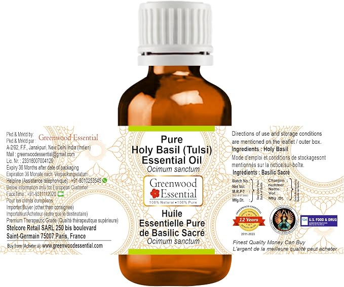 Greenwood Essential Holy Basil Essential Oil (Ocimum Sanctum) Pure | Non-Sticky | Non-Greasy | Lightweight | Men & Women | All Skin Types | Steam Distilled 30ml (1 oz)