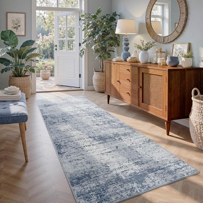 2x6 Ft Washable Runner Rug, Non-Slip Low Pile Hallway Kitchen Area Rug, Soft Abstract Long Entryway Floor Mat Print Pattern Carpet for Bedside & High-Traffic Areas (Blue)