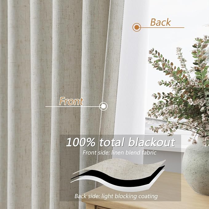 Guken 100% Blackout Linen Curtains for Bedroom 84 inches Long, Thermal Insulated Room Darkening Black Out Drapes for Living Room, Back Tab Rod Pocket 2 Panels Set,Eggshell Beige,52x84