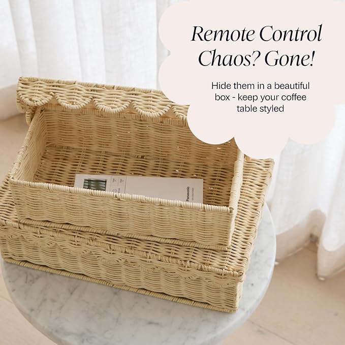 BEBE BASK Stackable Decorative Storage Boxes with Lid, Set of 2-14×8×4 in | Handwoven, Scalloped Wicker Basket for Home Decor, Baby Keepsake Box & Memory Box for Keepsakes for Nursery