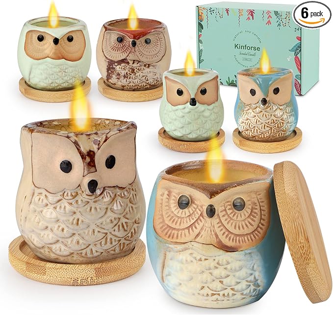 Kinforse Citronella Candles Outdoor Gift Ideas for Women, 6x3.5oz Novelty Owl Soy Candles for Gift Sets Women, Aromatherapy Candles Bulk for Garden, Porch, Outdoor Patio Décor