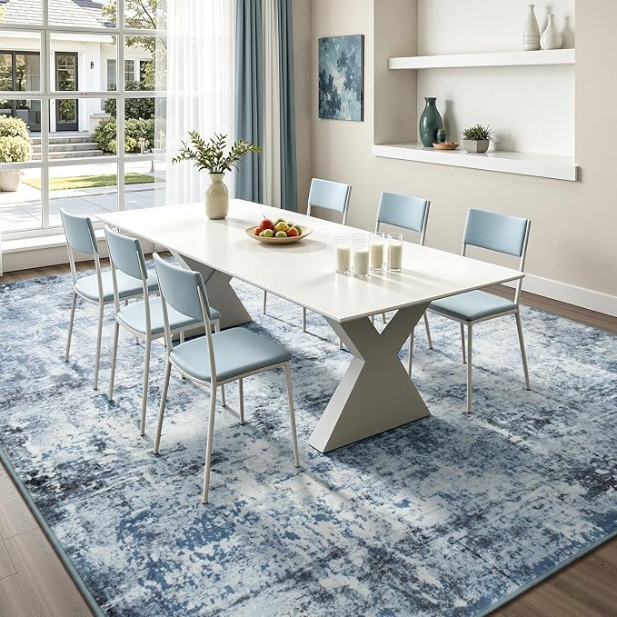 Rugflix 5x7 Area Rugs for Living Room, Washable Light Blue Grey Large Rug | Machine Washable; Stain-Resistant; Low Pile; Non-Slip; Modern Abstract; Black Carpet for Bedroom Dining Office Nursery Home