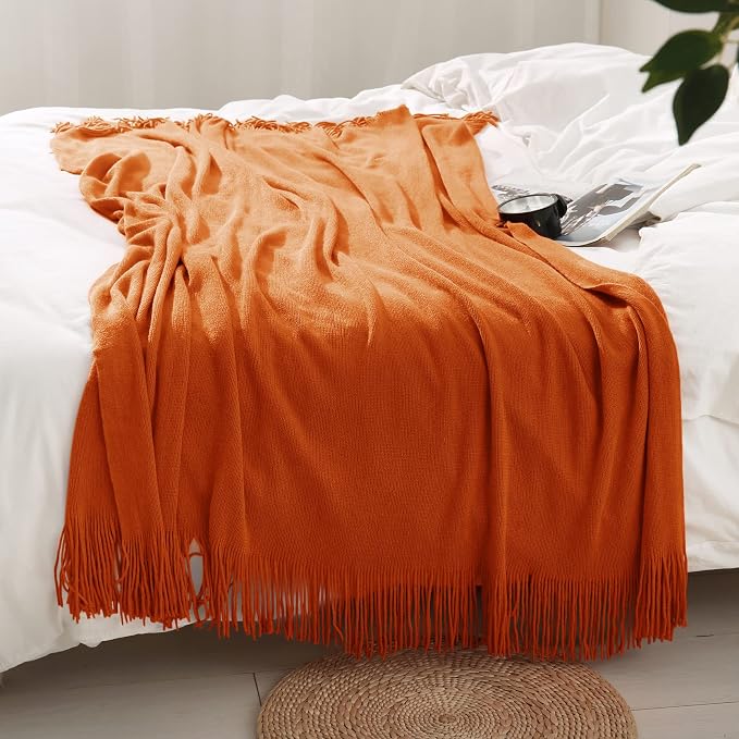 Homiest Dark Orange Knitted Throw Blanket with Fringe, 50x60 Inch | Pure Acrylic, Lightweight & Breathable, All-Season Use, Machine Washable, Wrinkle & Fade Resistant, for Couch Sofa And Bed
