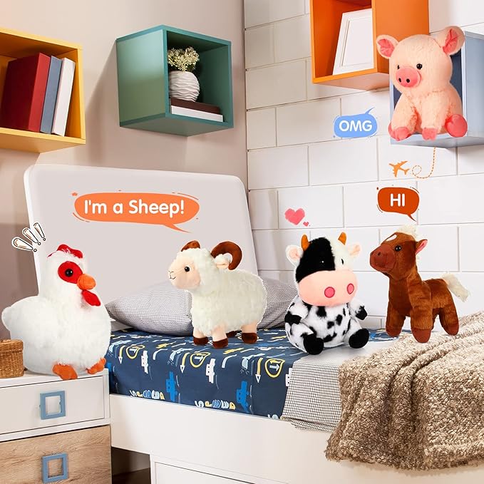 Skylety 5 Pack Farm Plush Animals Set 10 Inches Farm Stuffed Animals Barnyard Stuffed Toys Soft Pig Rooster Horse Sheep Cow Plush Toy for Birthday Party Favor Operation Christmas Items