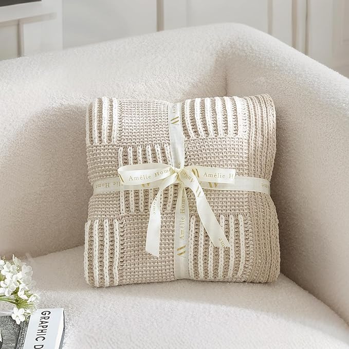 Knit Throw Blanket, Soft Chenille Cozy Breathable Dual Tone Checkered Chunky Decorative Blanket for Couch, Bed & Sofa, French-Inspired Lightweight Warm Gift for Women, Beige, 50"x60"