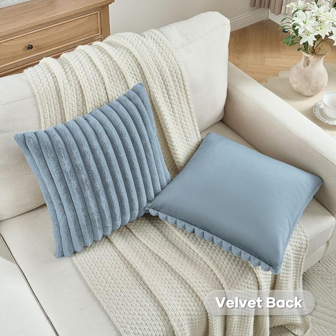FUTEI Pack of 2 Faux Fur Throw Pillow Covers 24x24 Inch, Dusty Blue | Fluffy Faux Rabbit Fur Front/Premium Velvet Back,Hidden Zipper,Machine Washable,Non-Shedding,Colorfast,Insert Not Included.
