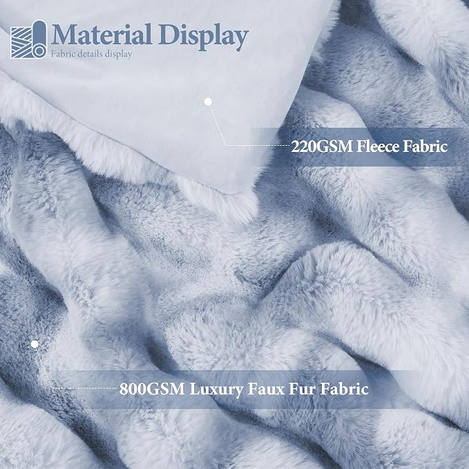 Luxury 1000GSM Faux Rabbit Fur Throw Blanket, Super Heavy Warm Cozy Grey Blankets for Couch Bed Sofa, Ruched Plush Fuzzy Elegant Soft Reversible Mink Blanket for Living Room Bedroom, Blue