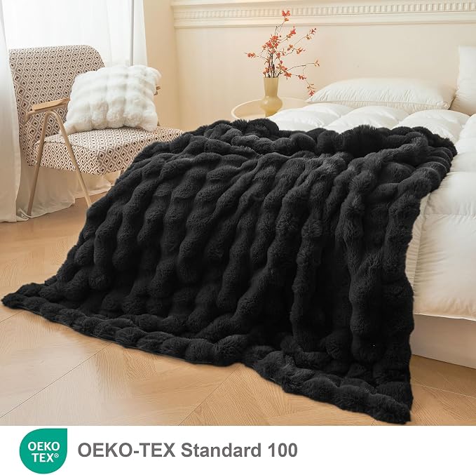 LIFEREVO Luxury Fluffy Faux Rabbit Fur Throw Blanket 60x80, Black | Plush Fuzzy Bubble Lap Throw for Couch Sofa Office, Soft Cozy Furry Bed Blanket Home Decoration, Washable & Skin-friendly