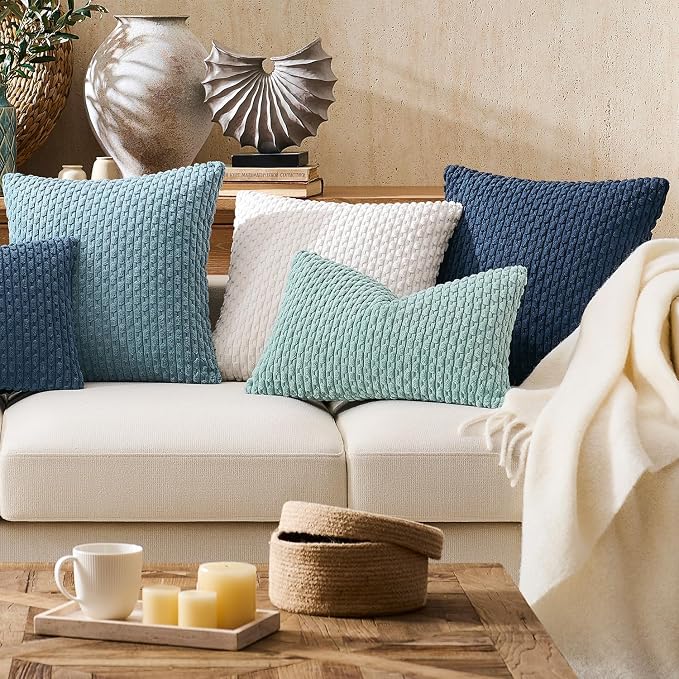 Kevin Textile Soft Corduroy 20"x54" Body Pillow Cover 1 Pack, Blue | Boho Stripe Plush Corduroy Decorative Oblong Cushion Cover Modern Farmhouse Home Decor for Sofa Couch Bed Chair