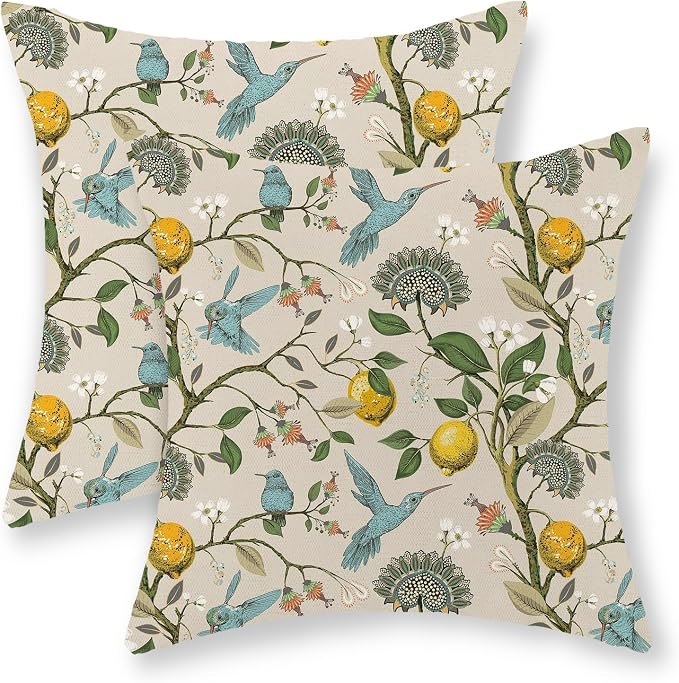 Chinoiserie Pillow Covers 20x20 Set of 2 Blue Green Bird Floral Throw Pillows Vintage Yellow Lemon Flowers Decorations Pillowcase Outdoor Chinoiserie Decor Linen Cushion Case for Couch Home