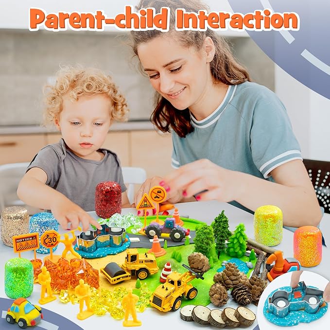 SIMPLIPLAY Construction Sensory Kit with 6 PCS 18oz Glitter Doughs & Accessories(About 80pcs), Color Dough Set, Construction Boy Sensory Kit with Toy Trucks for Kids Toddlers Creative Gift