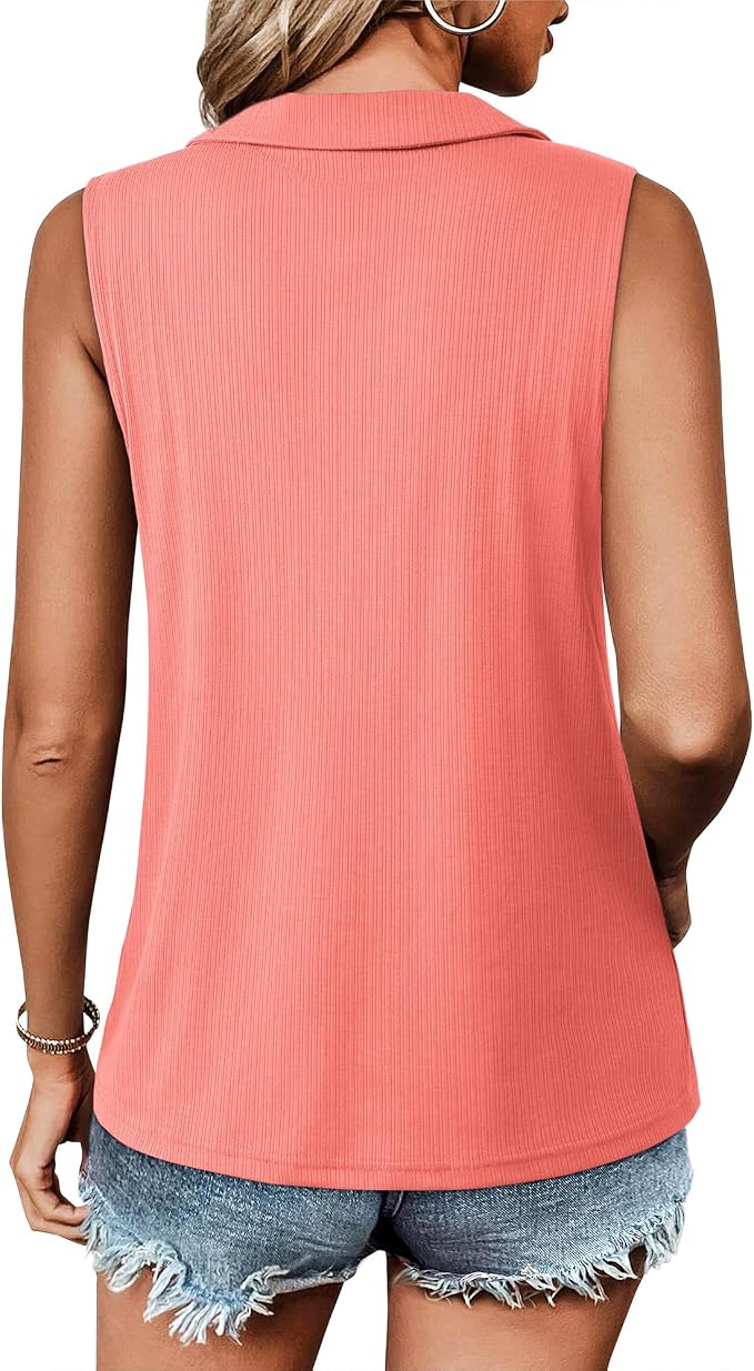 Vivilli Womens Ribbed Tank Top Zipper V Neck Dressy Casual Blouses Sleeveless Camisole Tops Work Tank Polo Shirts