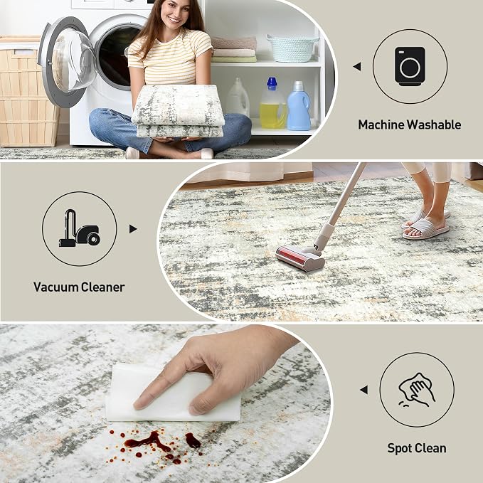 6x9 Area Rugs Washable Rug: Large Modern Abstract Living Room Rug Soft Anti-Skid Thin Carpet Indoor Floor Non-Shedding Carpets for Bedroom Dining Room Farmhouse Nursery Home Office Grey Brown