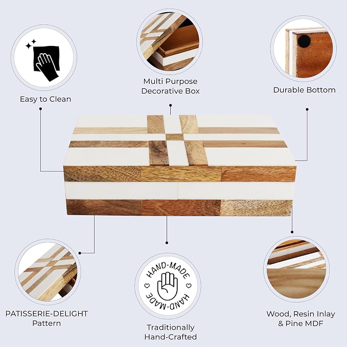 Handicrafts Home White Decorative Storage Box with Lid Wood Remote Control Box Coffee Table Storage Box Remote Holder for Living Room Decor – Resin Inlay Patisserie Delight Collection- 8x5x2