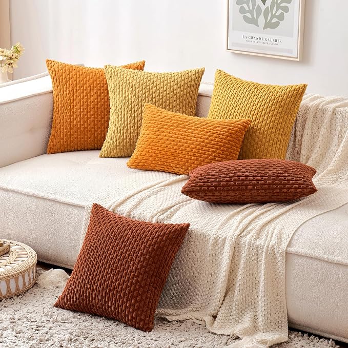 MIULEE Decorative Throw Pillow Covers 16x16 Fall Burnt Textured Corduroy | Orange Pack of 2 Striped Pillow Covers Modern Farmhouse Autumn Home Decor for Couch Bed Sofa Living Room