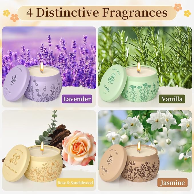 Scented Candles for Mom, 17.6oz Romantic Jar Candles for Women Girl Candle Set, 120H Burning, Soy Candle for Home Scented, Mother's Day,Birthday,Lavender | Vanilla | Rose & Sandalwood | Jasmine -4Pack