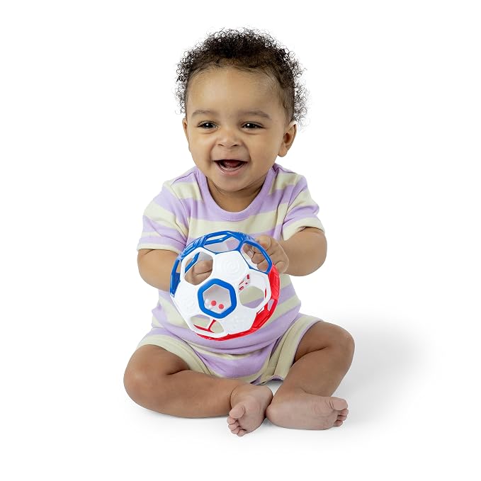 Bright Starts Oball Grippin' Goals Rattle Soccer Ball - Red, White & Blue, Easy-Grasp Toy for Newborn and Up (Pack of 2)