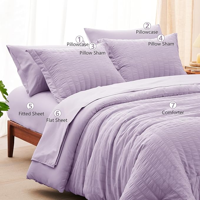 CozyLux Queen Comforter Set Light Purple Seersucker 7 Pieces Bed in a Bag Queen Comforter Set with Sheets, Lavender Luxury Bedding Sets with Down Alternative Comforter, Sheets, Pillowcases & Shams