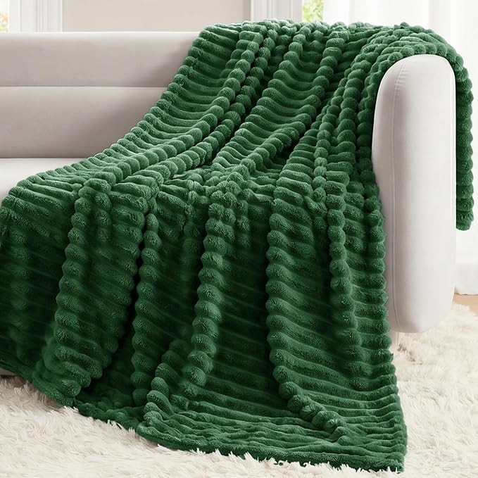 Dark Green Blankets Queen Size for Bed, 90 x 90 Inch | 300GSM Ribbed Fleece Blanket, Soft, Cozy & Lightweight, OEKO-TEX Certified, All-Season for Bedrooms, Guest Rooms & Gifting