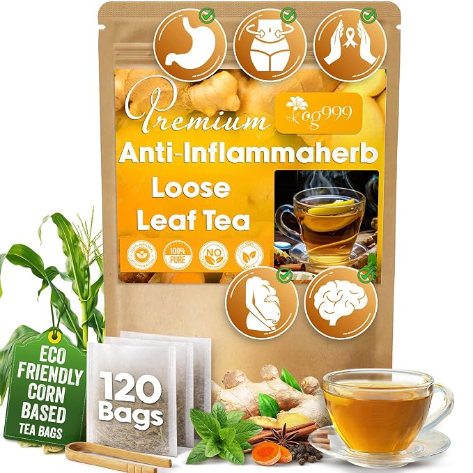 120 Tea Bags - Anti-Inflammaherb Loose Leaf Tea, 100% Natural from Ginger, Turmeric, Peppermint, Black Pepper, Cinnamon. Made with Natural Material Tea Bags. No Sugar, No Caffeine, No Gluten, Vegan.