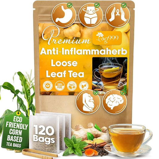 60 Tea Bags - Anti-Inflammaherb Loose Leaf Tea, 100% Natural from Ginger, Turmeric, Peppermint, Black Pepper, Cinnamon. Made with Natural Material Tea Bags. No Sugar, No Caffeine, No Gluten, Vegan.