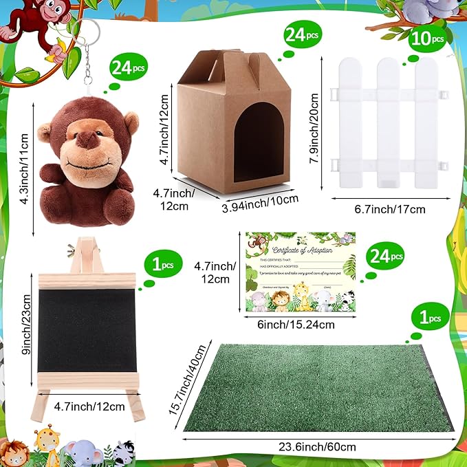 84 Pcs Adopt a Pet Party Favors 24 Mini Plush Stuffed Animals 10 White Plastic Fence 24 Paper Gift Boxes 24 Adoption Cards with Mini Chalkboard and Artificial Lawn(Safari Animals)