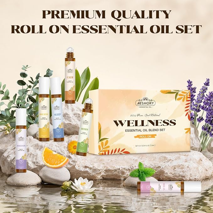 Essential Oils Roll On Set,Gifts for Women & Men (Calm, Relax, Breathe, Focus on, Sleep, Renew), Natural Aromatherapy Oil Blend Kit with Roller Ball for Massage, Body Skin Care, Relaxation Gift