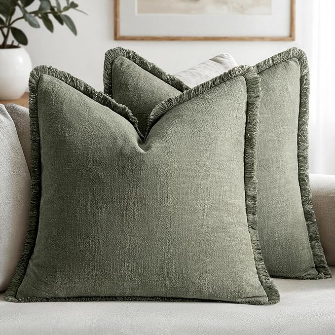 MIULEE Linen Decorative Euro Throw Pillow Covers Light Olive Green 22x22 | Set of 2, Cottagecore Decor, Boho Farmhouse Neutral Fringe Pillow Covers, Rustic Couch Cushions for Sofa Bed Living Room