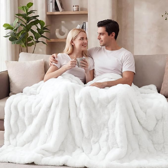 ORINOVA White Faux Rabbit Fur Throw Blanket for Bed Living Room 50x60 Thick Soft Throw Blanket Fluffy Bed Furry Best Housewarming Home Gifts 860 GSM