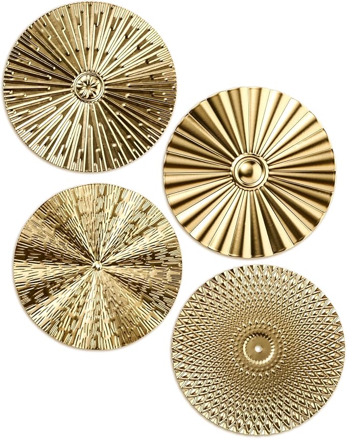 Hicarer 4 Pcs 12 Inch Gold Metal Wall Art Decor Modern Sunburst Hanging Artwork Decor Wall Decorations for Home Bedroom Bathroom Living Room Office Sculpture Gift