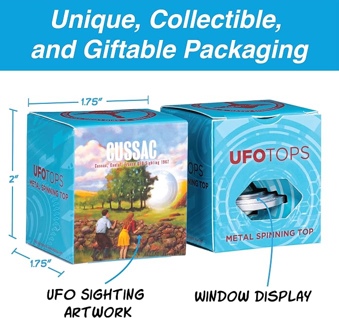 UFO Tops Cussac - Metal Spinning Fidget Toy Top - Inspired by The Documented 1967 UFO Sighting in Cussac, France (Sulfur Blue)
