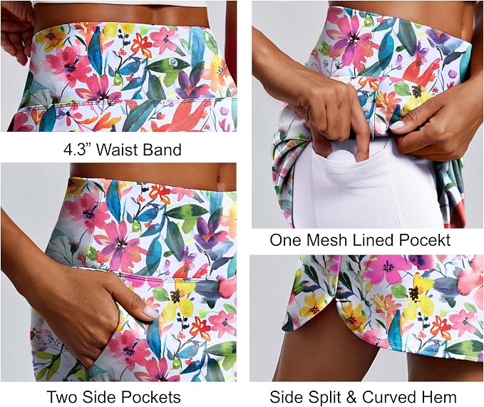 PINSPARK 18" Skorts for Woman Above Knee Length Golf Skirts 3 Pockets | High Waist, Built in Shorts, UV Protection, 4-Way Stretch, Soft, Dolphin Hem, Athletic, Tennis, Pickleabll, Casual