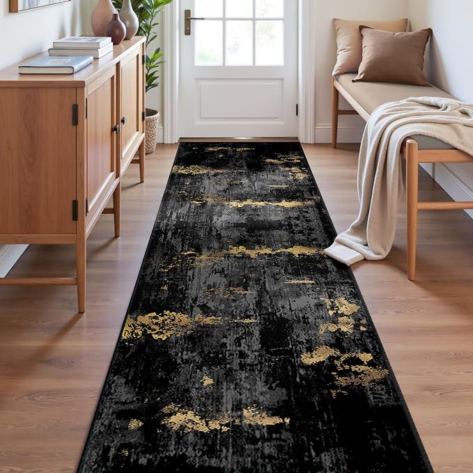 RELEANY Washable Runner 2'x8' Abstract Area Rug for Hallway Black Gold | carpet for kitchen, entryway, bathroom, living room, bedroom, printed pattern, non-slip, soft, stain-resistant, easy to clean