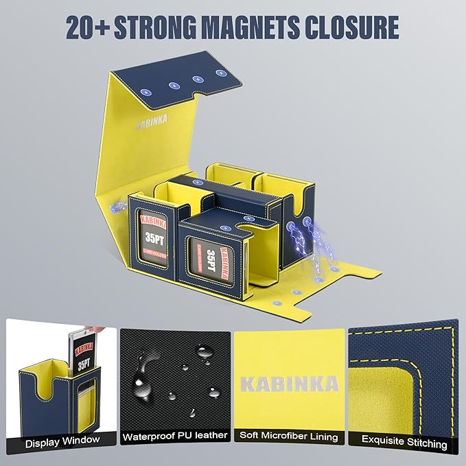 Kabinka Card Deck Box for MTG Commander, Holds 400+ Double-Sleeved Cards, 5 IN 1 Detachable Card Case with Dice Tray, Fits Magic/TCG Cards, 4 Magnetic Card Holders & Dividers (Blue Yellow)