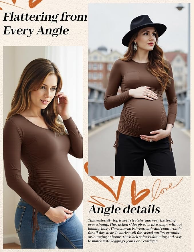 Fotociti Maternity Shirts Long Sleeve, Pregnancy Side Ruched Tops,Women’s Clothes for Mama Work Casual Yoga Wearing